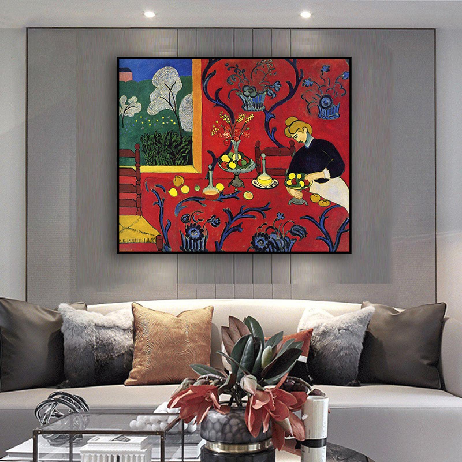 Oprawiony Henri Matisse - słynne obrazy wydrukowane na płótnie - plakaty impresjonistyczne - gotowe do powieszenia płótno sztuka ścienna obrazy do dekoracji domu (Harmony w czerwonym) 20 x 24 cm oprawione