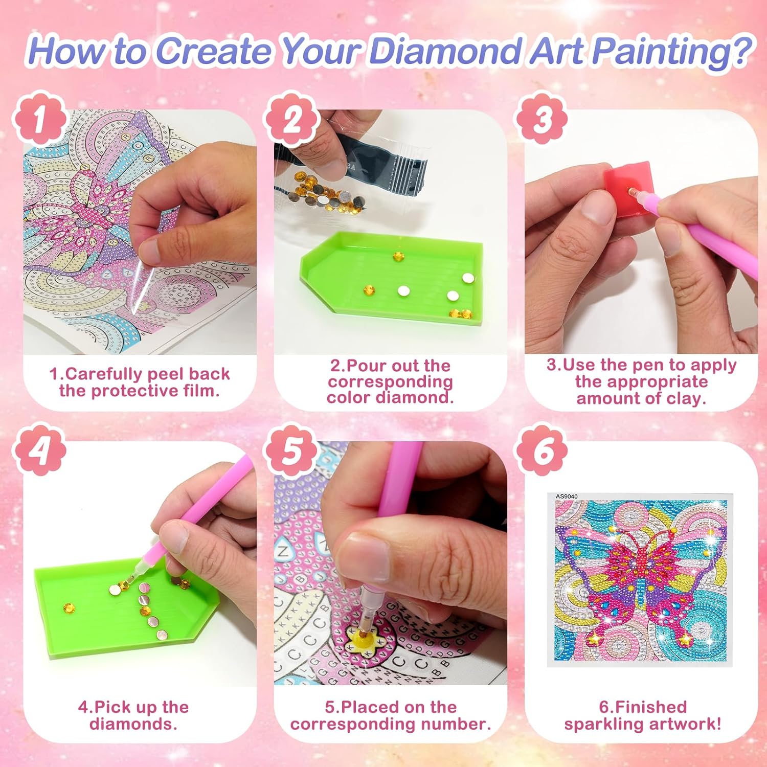 AuraKoi Girls Gifts 5-12 Years Old, 4 Pack Cute Diamond Art Painting Kits for Girl Kid Adult Birthday Xmas Home Decor, Kids Craft Art Rhinestone Gem by Number Kits (No Wooden Frame)