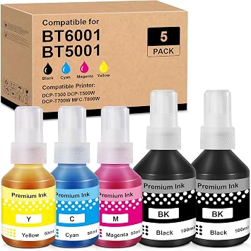 BT60 BT50 Refill Ink Bottle Replacement for BT6001BK BT5001C BT5001M BT5001Y Bottle Ink for BRO DCP-T300 DCP-T500W DCP-T700W MFC-T800W 5 Pack, 2BK 1C 1M 1Y