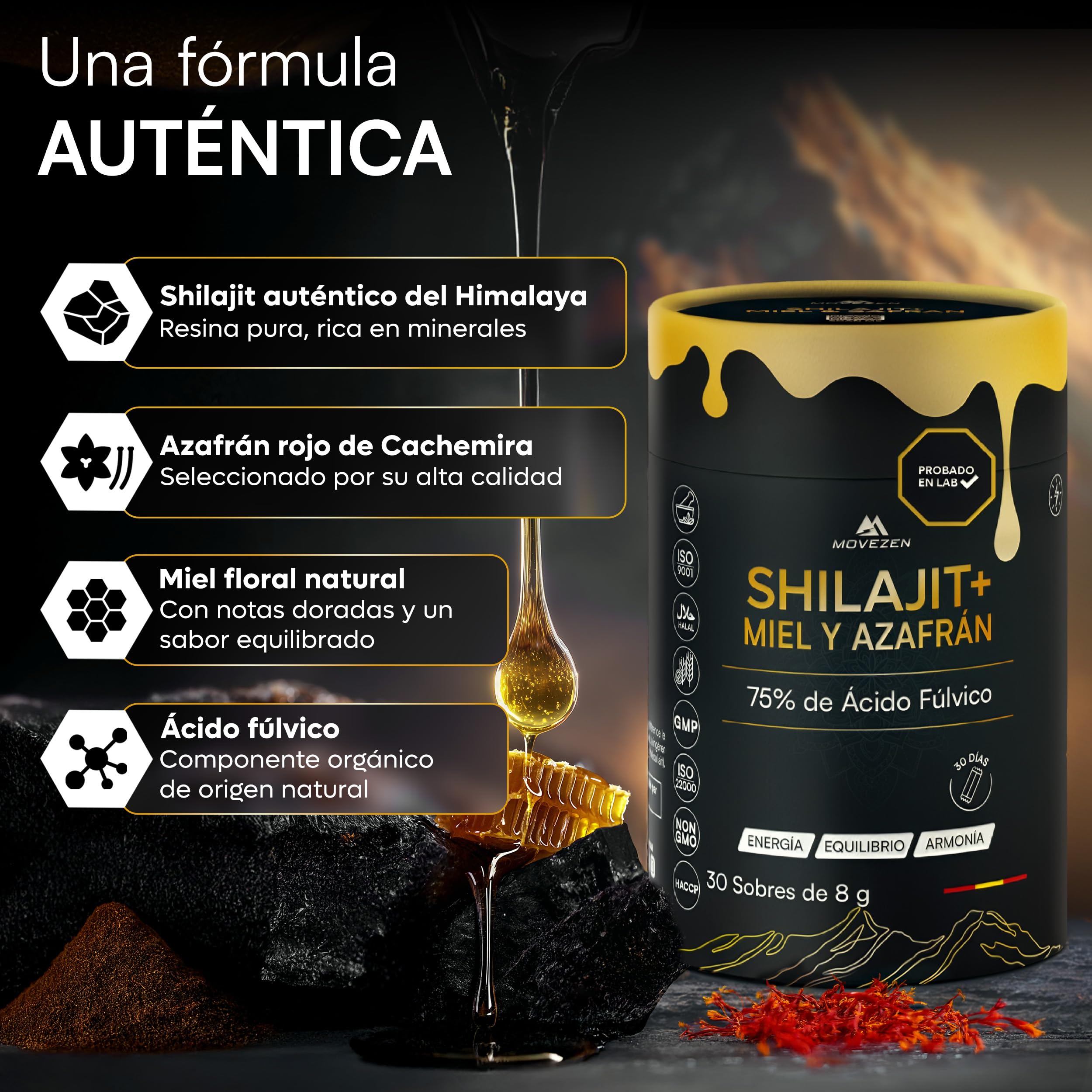 Shilajit +, Resina auténtica 100% pura del Himalaya con miel y azafrán orgánico, energía duradera, vitalidad, concentración, 30 palos de 8 g, rica en ácido fúlvico y húmico, 85+ minerales