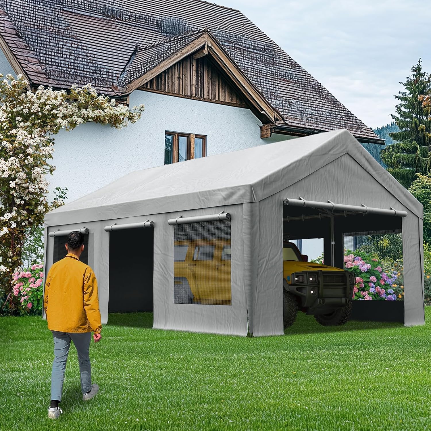 Quictent Heavy Duty 12x20 ft Carports with Side Zipper Doors & Snowproof Steel Cables & Ventilated Windows, Waterproof Storage Shelter for Car, Boat, RV, Outdoor Equipment, Gray