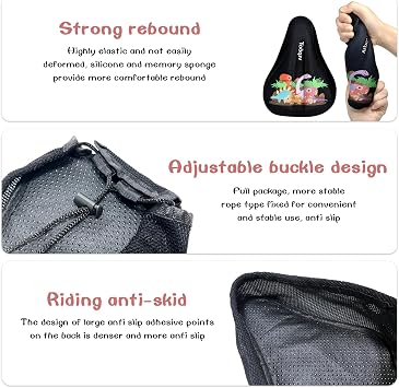 Kids Bike Seat Cushion 9x6, Kids Bike Seat Cover, with Cartoon Design, Non-Slip, Shock-Absorbing, Easy Install. Universal Fit for Boys/Girls Bicycles, Black
