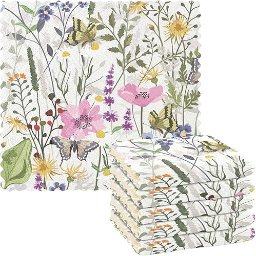 Wild Flower Cottage Butterfly Quality Print Kitchen Towels Microfiber Absorbent 6 Pack Microfiber Towel for Restaurant Sink