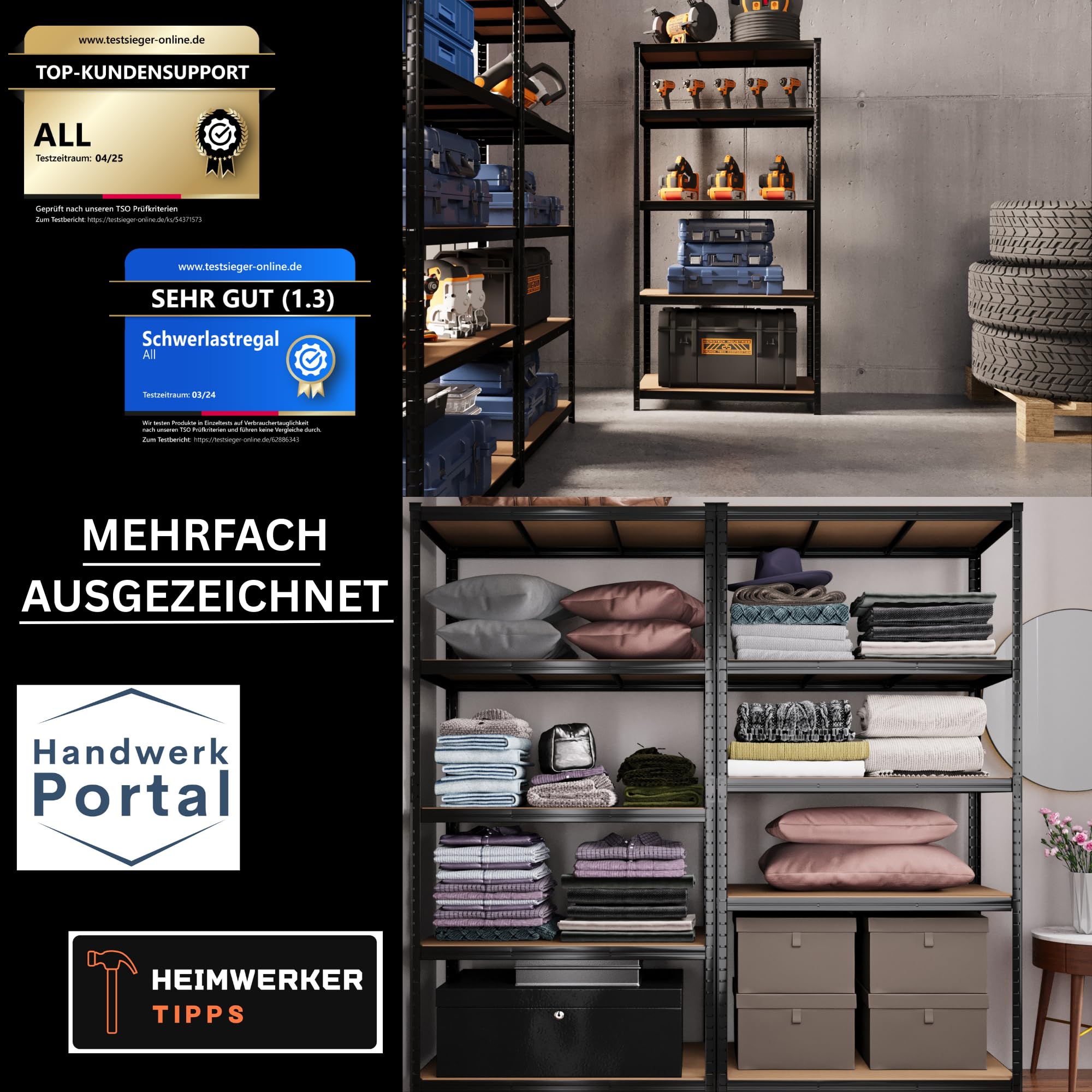 Premium Schwerlastregal 180x90x60 cm Schwarz 1250kg Traglast – stabiles Regal 90 cm breit & Schwerlastregal 60 cm tief, Regal 60 cm tief geeignet als kellerregal 60 tief, lagerregal 60cm tief