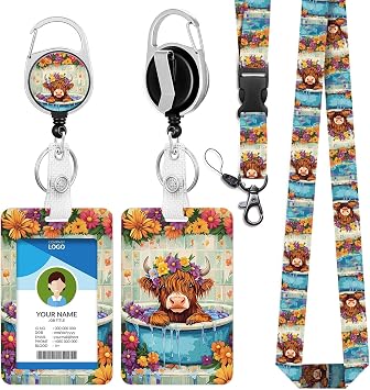 Highland Cow Lanyards for Badge Holder Keys,Cute Flower Daisy Retractable Badge Reel with Carabiner Clip & Detachable Lanyard, Work ID Name Card for Nurse Teacher Student Drivers Licenses