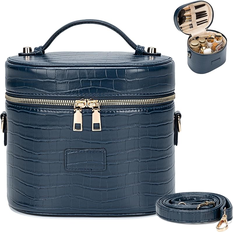 Necessaire BAGOK em couro sintético azul-marinho com divisória removível, compartimentos laváveis, zíper duplo e alça
