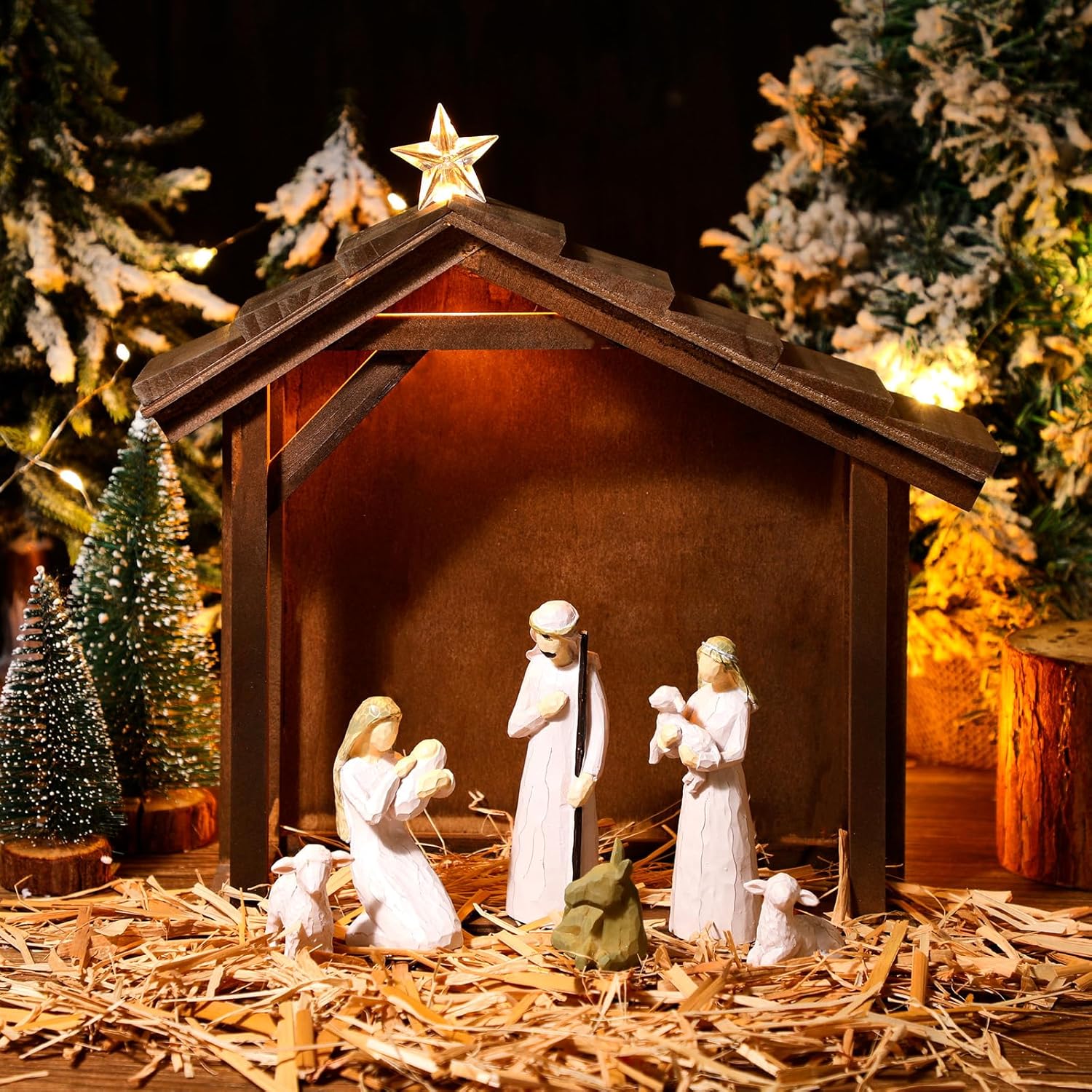 Wenqik Christmas Nativity Stable with LED Star Light 10.8 Inch Wooden Manger for Nativity Scene Nativity Creche Stable Home Desk Decor for Holy Family (Without Figurines and Batteries)