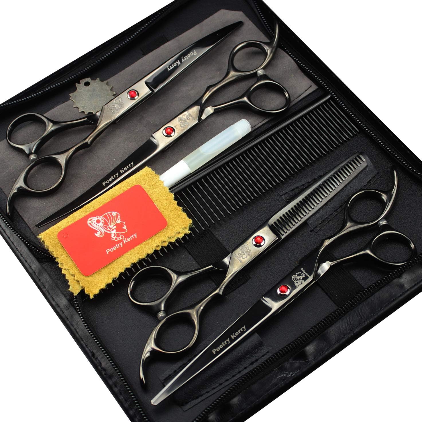 5PCS Pet grooming scissors kit,7 inch Dog Grooming Set,Pet Trimmer Kit for Dog Cat Pet with Cutting Scissors Thinning Shear, Curved Scissors, Grooming Comb and leather bag (Black)