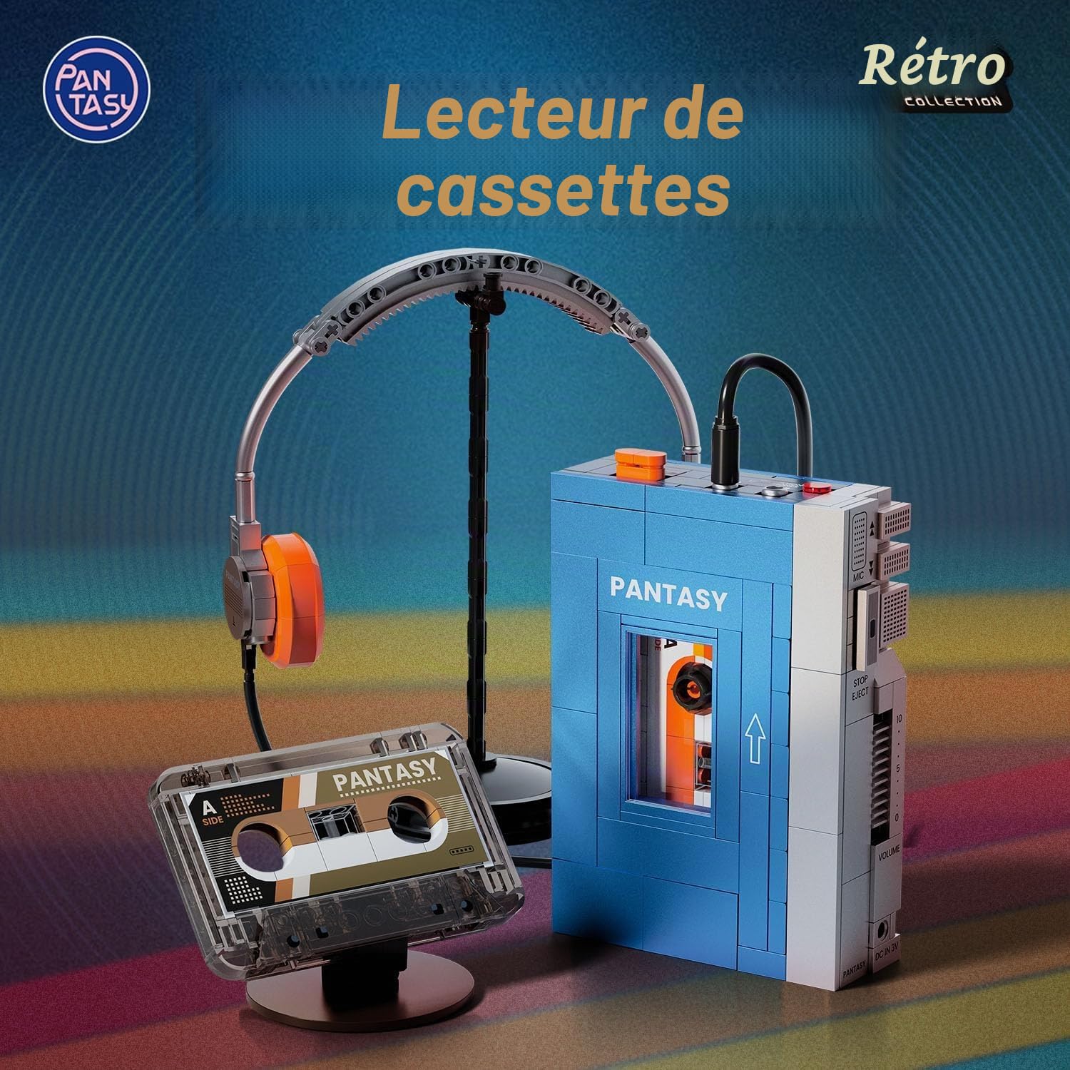 PAN TASY Lecteur Cassette Rétro, Jeu de Construction pour Adultes | Cassette amovible, commandes mobiles et format compact de 15 cm, modèle vintage nostalgique à construire et exposer