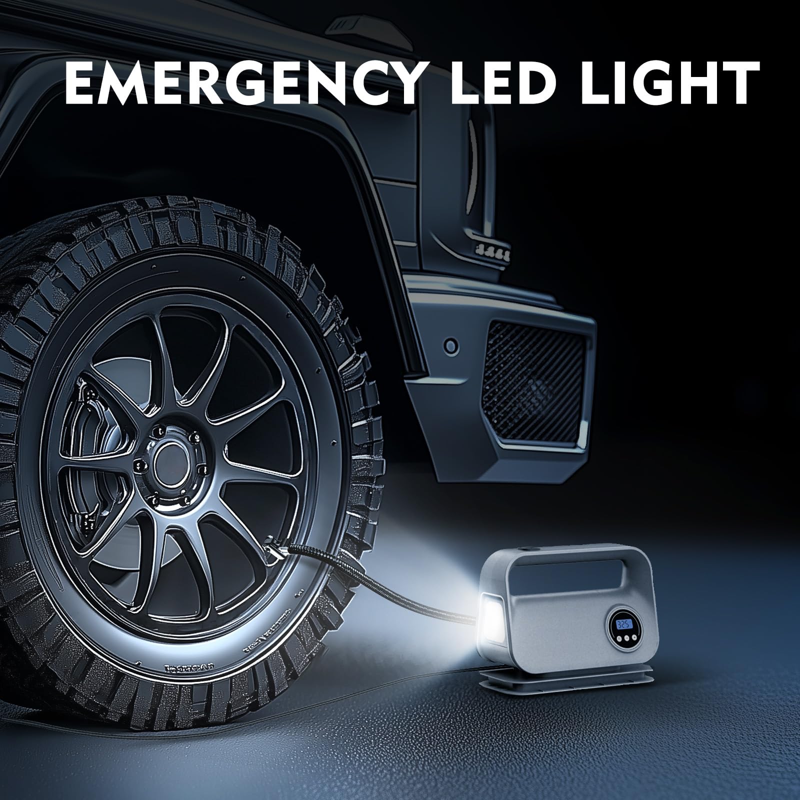 YIJU Inflador de neumáticos portátil compresor de aire bomba de aire para neumáticos de coche, accesorios de coche, bomba automática de 12 V CC con manómetro digital, luz LED de emergencia para