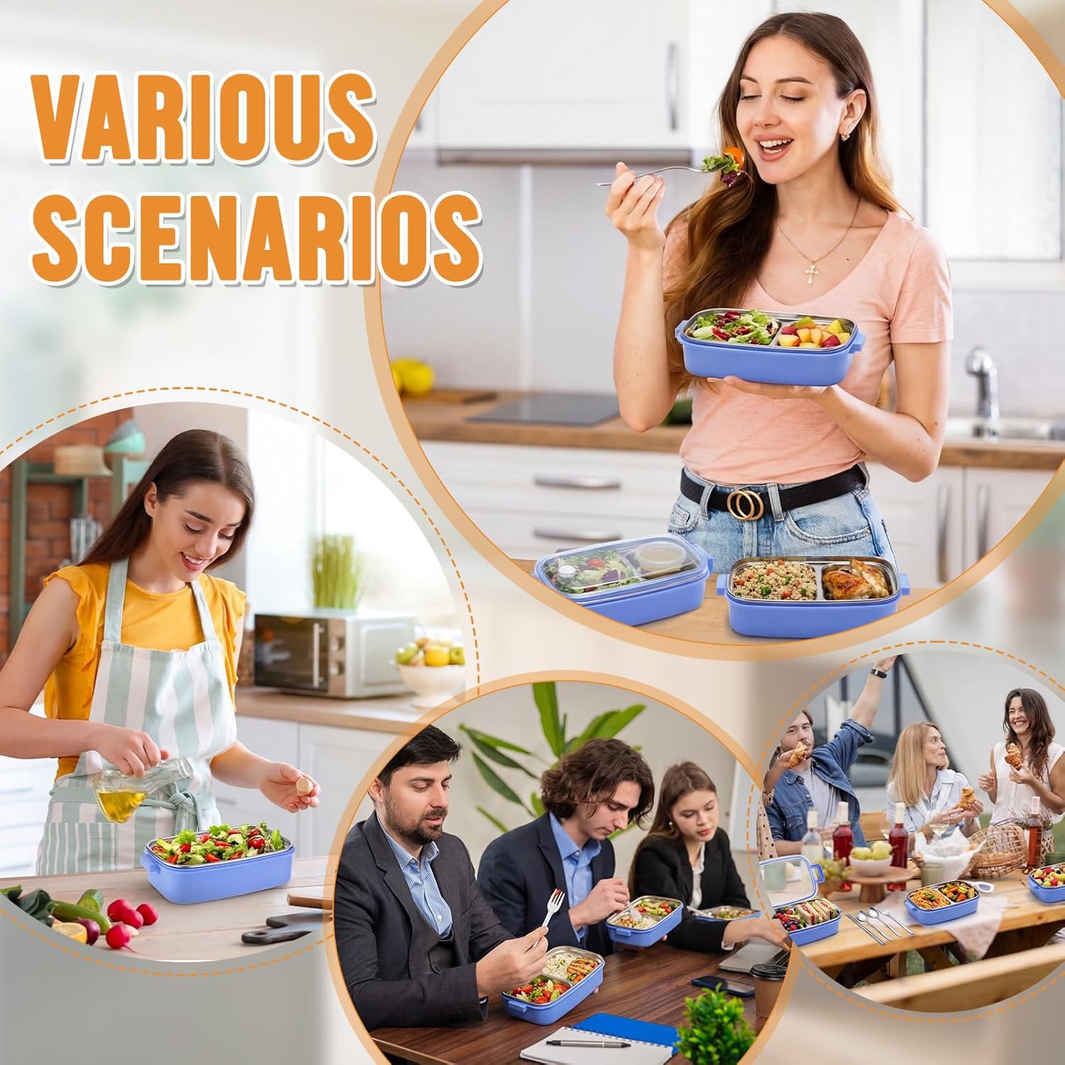 48 Pcs Stainless Steel Snack Containers with Lids 2 Compartments Leakproof Snack Box and Stainless Steel Flatware Set Include Chopsticks Knife Fork Spoon with Case for Meal Prep Food Storage