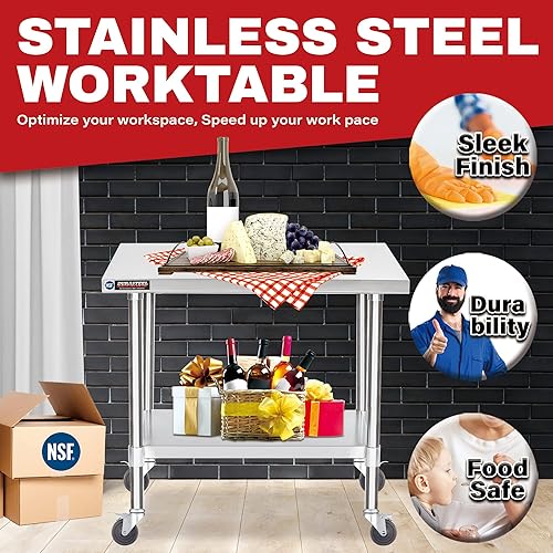 Miniatura 2 de DuraSteel - Mesa de acero inoxidable de 30 x 36 pulgadas, para preparación de alimentos, carrito de metal, mesa de trabajo comercial con ruedas
