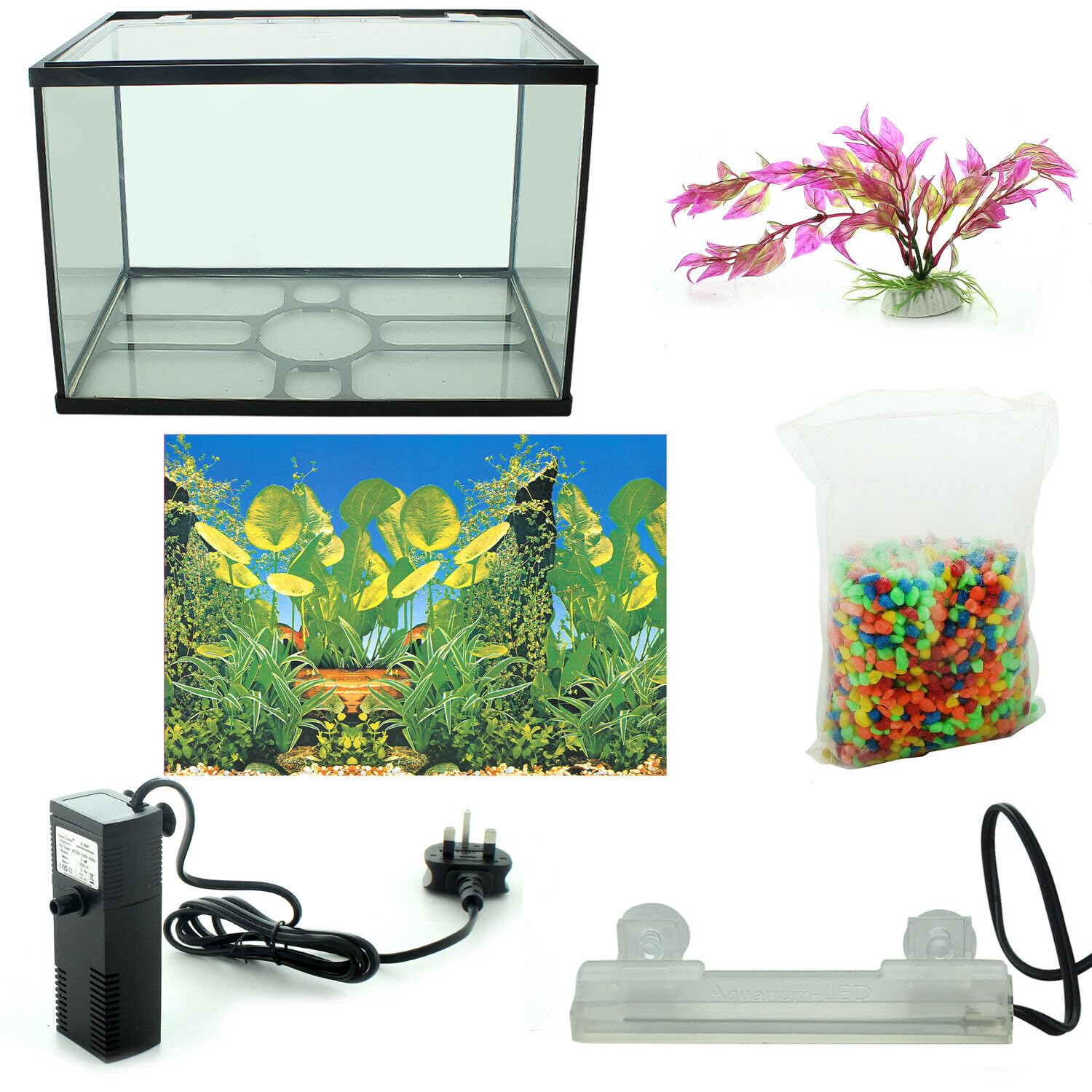 Kit de tanque de peces de acuario de vidrio de 26 L, juego de iniciación de red de luz LED, piedra y filtro de bomba de aire
