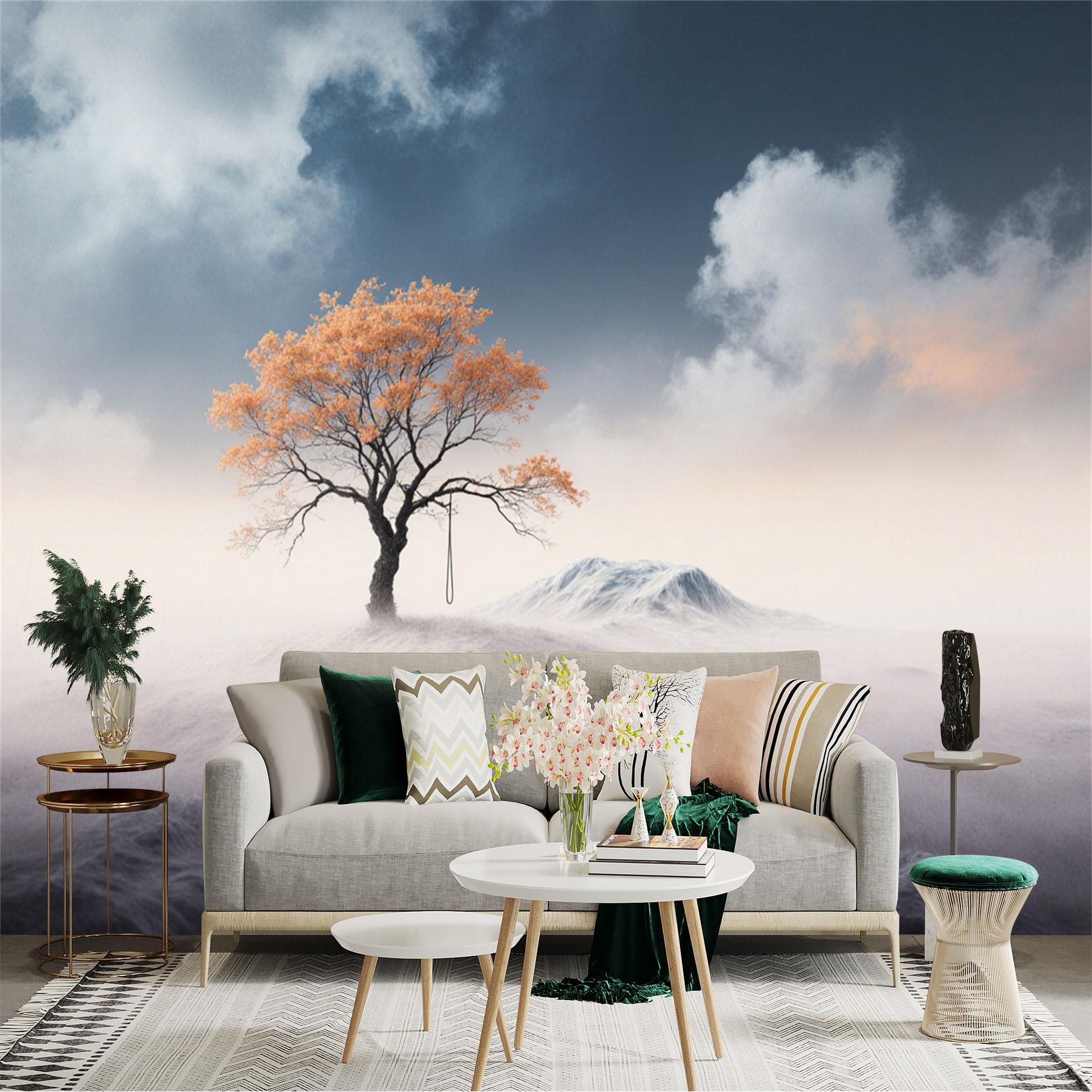 Lnzczhyre Xc260505218 Custom Size Wall Sticker Mural， Lone Orange Tree， Dreamy Misty Landscape， Artistic Foggy Hills， Surreal Natural Scenery， For Wall Decoration， Peelandstick Wall Decals.