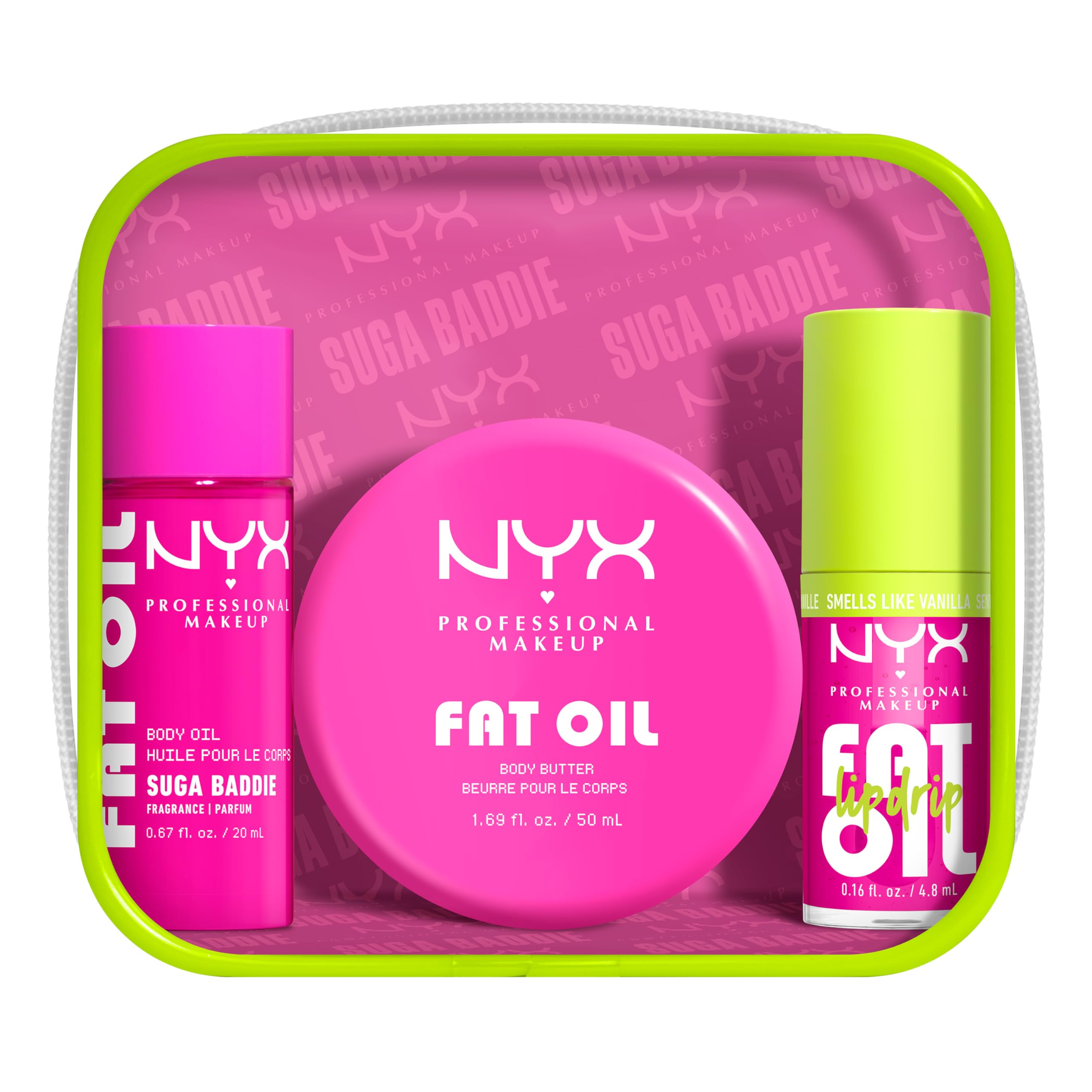 NYX Professional Makeup, Fat Oil Kit, Set Hidratante Edición Limitada, Brillo Corporal y Labial, Cuidado Vegano, Body Oil 20ml, Body Butter 50ml, Lip Drip, Suga Baddie