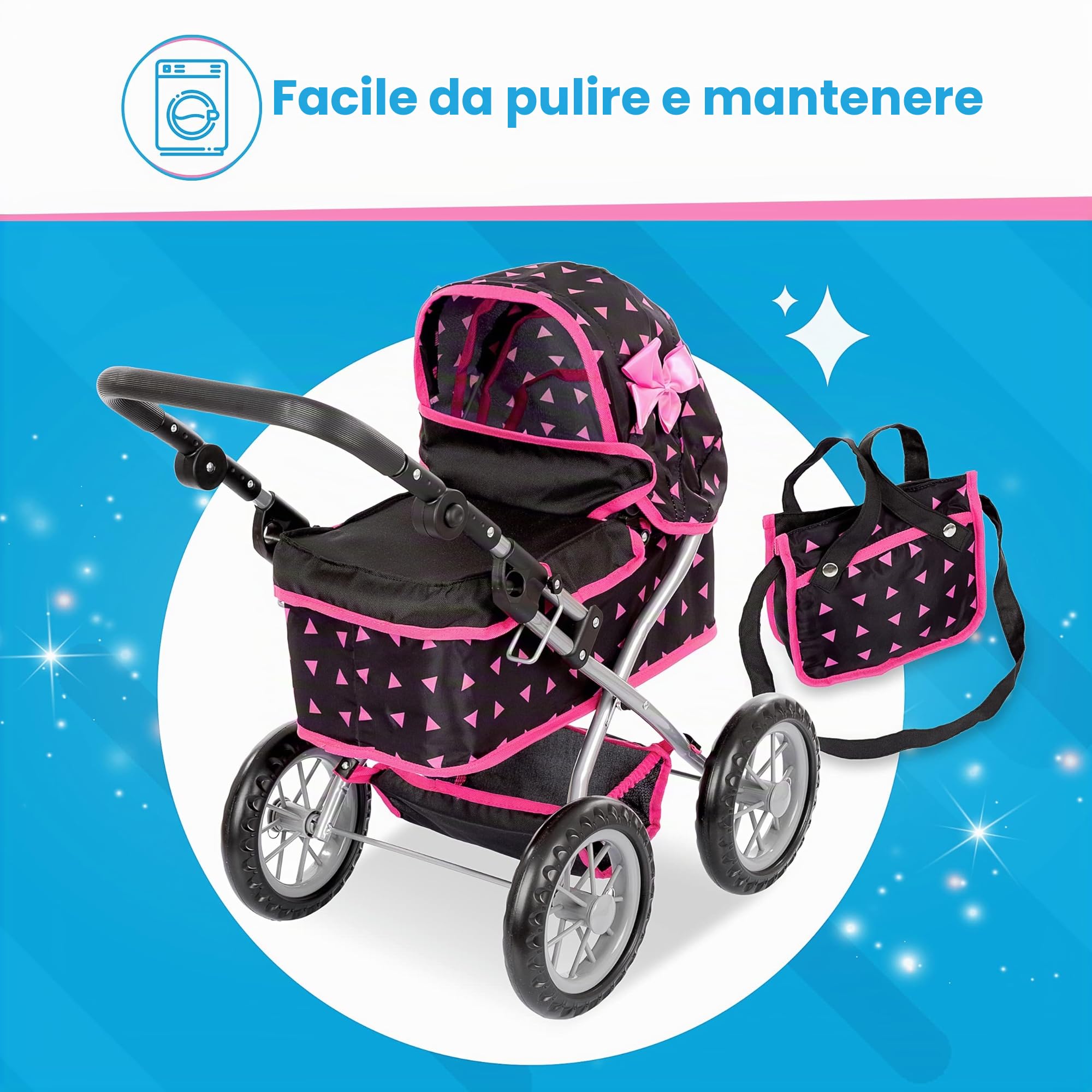 Kinderplay Carrozzina per Bambole con Gondola – Manico Regolabile 33–63 cm – Adatta a Bambole fino a 41 cm – Ruote in Schiuma Silenziose – Passeggino Giocattolo 3+