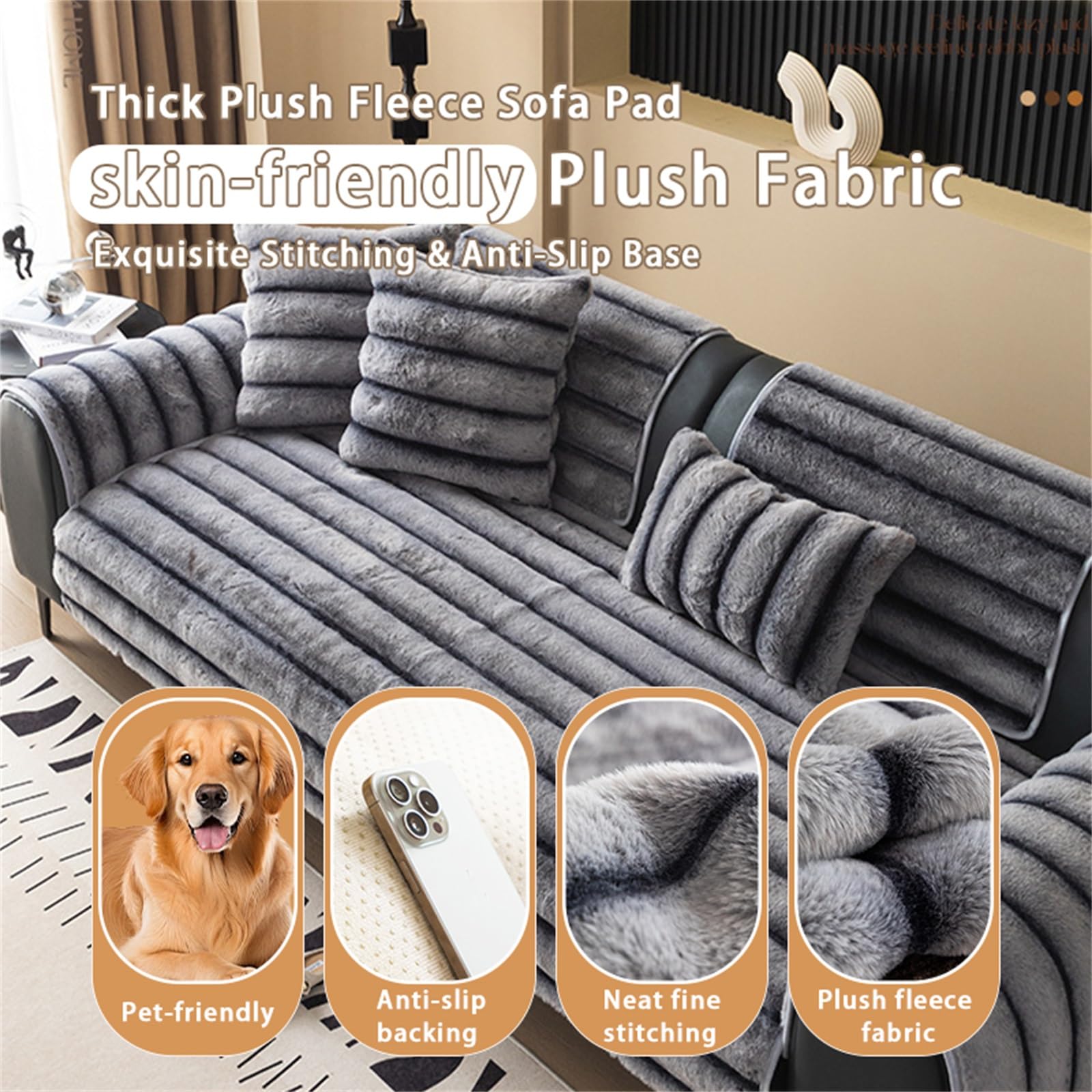 Housse De Canapé Épaisse For Chiens, Animaux Compagnie, Protection Canapé | Coussinets pelucheux en velours côtelé doux, protecteur de meubles, antidérapant(Light grey,120x160cm/47x63in)