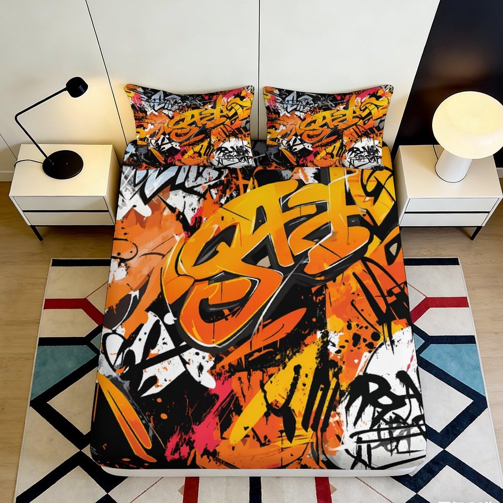 3D Printed Graffiti Orange Black Fitted Sheet Microfiber Durable Vibrant Bed Cover for Bedroom Dormitory Guest Room Mattress Protection 120x200x25cm