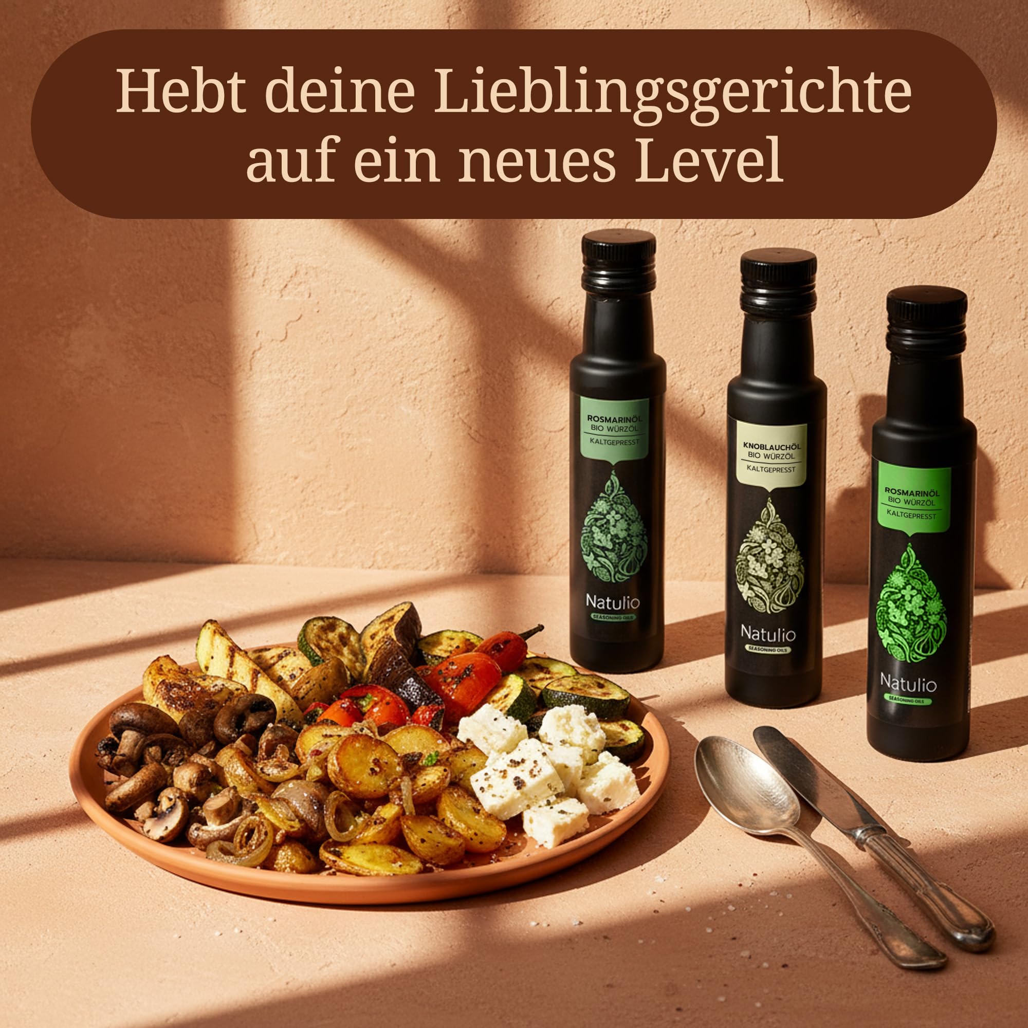 Natulio Geschenkset Bio Kräuter Trio kaltgepresst - Geschenkidee - das perfekte Geschenk für alle Feinschmecker - Geschenkset aus Basilikumöl, Knoblauchöl & Rosmarinöl - 3x100ml -DE-ÖKO-006