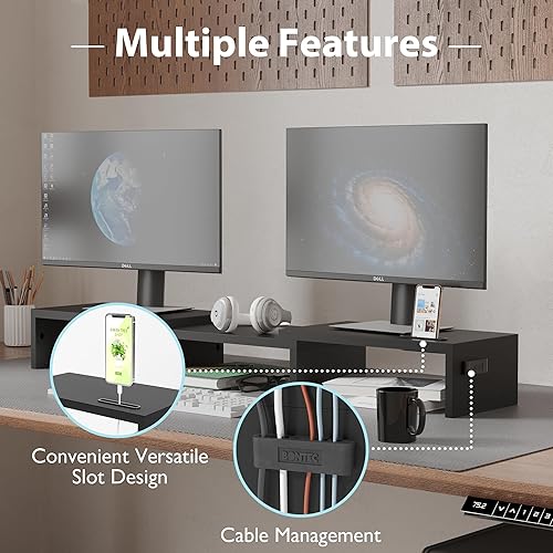 Miniatura 6 de BONTEC Soporte elevador para monitor doble con soporte para teléfono inteligente, longitud ajustable y ángulo giratorio, organizador ergonómico de