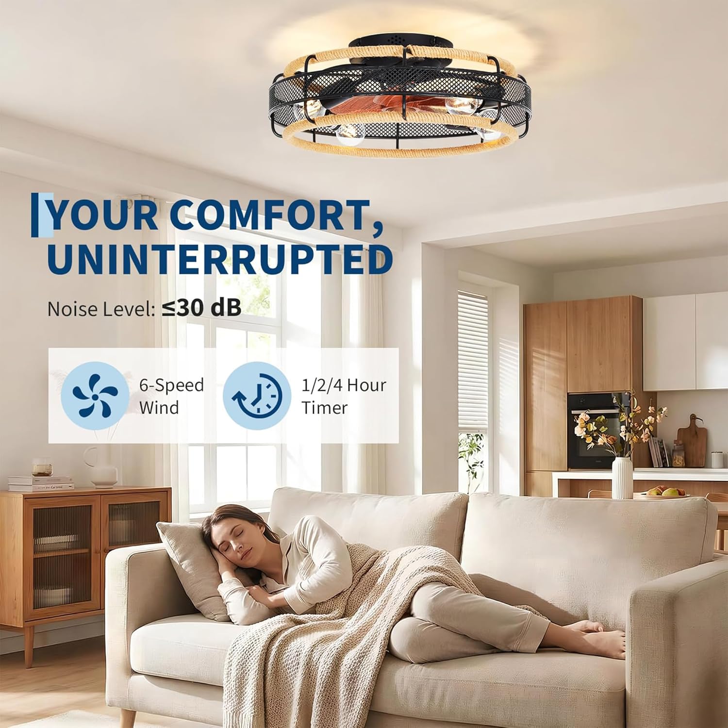 20'' Boho Caged Ceiling Fan with Light & Remote, Flush Mount Rattan Fandelier, 6-Speed Reversible Quiet Motor, E26 Base, Farmhouse Low Profile Ceiling Fan for Bedroom, Living Room
