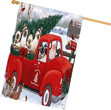 Christmas Santa Express Delivery Red Truck Siamese Cats House Flag - Outdoor Double Sided Weather Resistant Premium Quality Home Decorative Flags - 100% Polyester 29"w x 43"h