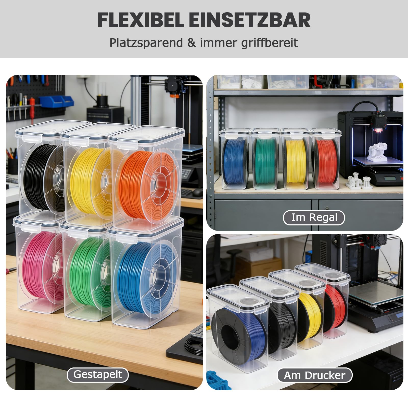 Filament Aufbewahrungsbox, 6 Stück Filament Box für 3D-Druck-Filament Versiegelung und Schutz, Wasser- und Staubdichte Filamentaufbewahrung mit Trockenmittel & Etiketten 4,0L
