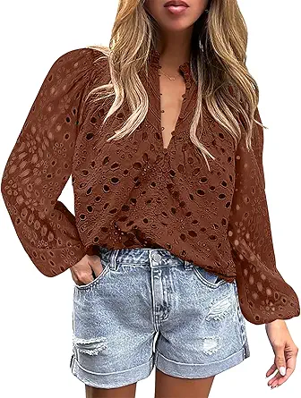 BETTE BOUTIK Women's Long Short Sleeve Tops 2025 Dressy Casual Button Hollow Out Lace Embroidered Blouses Shirts