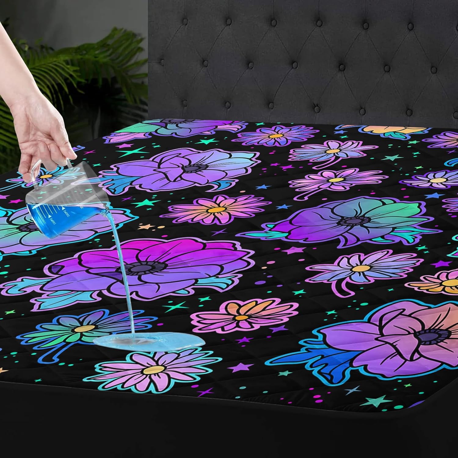 Axolotl Purple Flowers Twin Mattress Cover,Floral Theme Breathable Mattress Pad Cover,Neon Flower Mattress Protector Waterproof With Deep To 16" For Kids Boys Teens,1 Mattress Protector 2 Pillowcasess