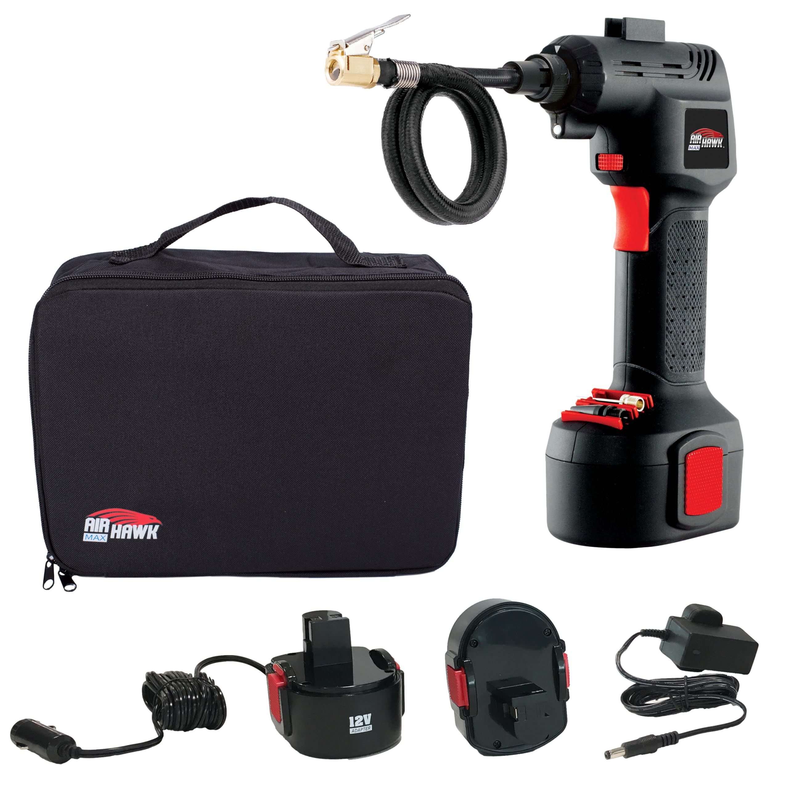 Air Hawk MAX - Rechargeable Air Compressor, Tyre Inflator, Automatic Pump with Five Different Nozzles Compact, Digital, Cordless with LED Light (As seen on High Street TV)