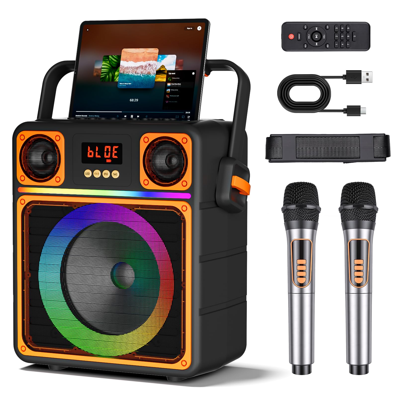 GuKKK przenośny głośnik Bluetooth do karaoke, z regulacją basów/wysokości i diodami LED, na imprezę, czarny