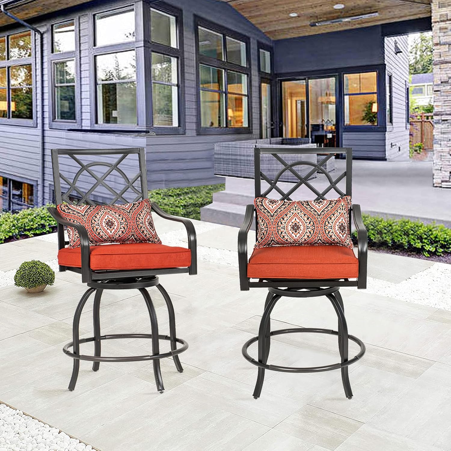 Incbruce 2 Metal Swivel Outdoor Chair 360 Degree Swivel Bar Chairs Outdoor Patio Stools with Adjusting Screws -Cushioned Stools with Seat Cushion