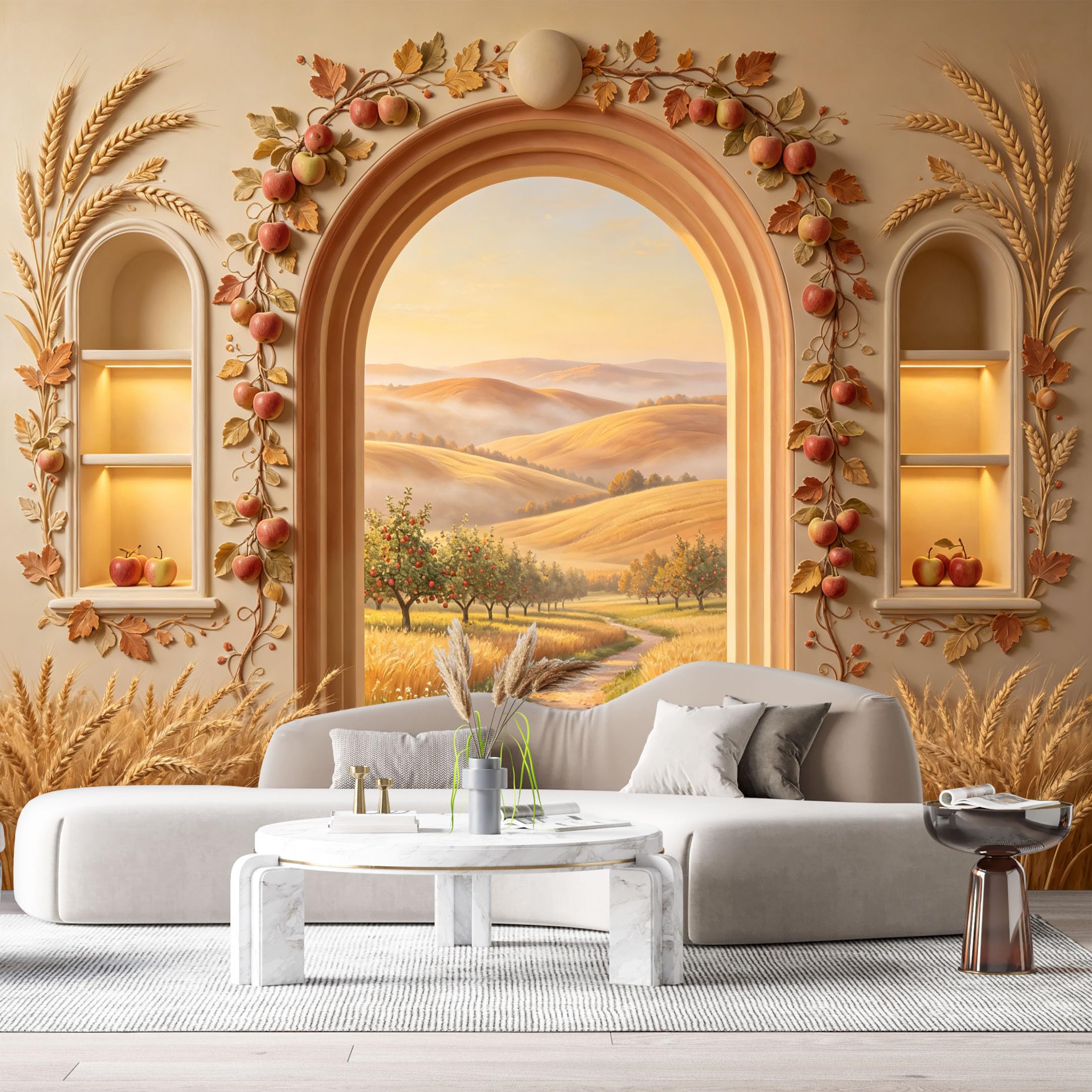 Custom Size Wall Murals Farmhouse Harvest Wheat Field Apple Archway 3D Trompe L'Oeil SelfAdhesiveWall Fabric Removable Wallpaper Wall Decor for Living Room Bedroom Bathroom