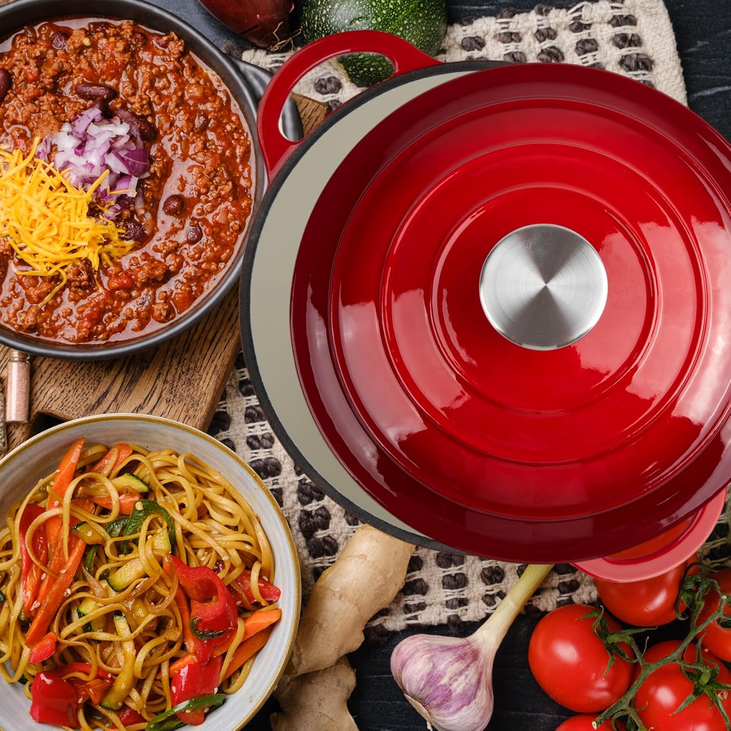 3 Quart Dutch Oven Enameled Cast Iron with Lid - Big Dual Handles - Oven Safe up to 500°F - Classic Round Pot for Versatile Cooking Red