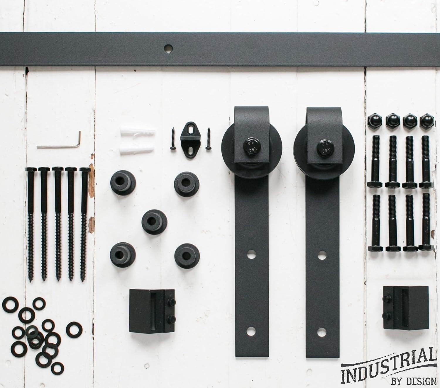 INDUSTRIAL BY DESIGN – 6ft 7in Single Sliding Barn Door Hardware Kit – Ultra Quiet, Designers Choice, All Parts Included, Easy Installation with DIY Video Instructions