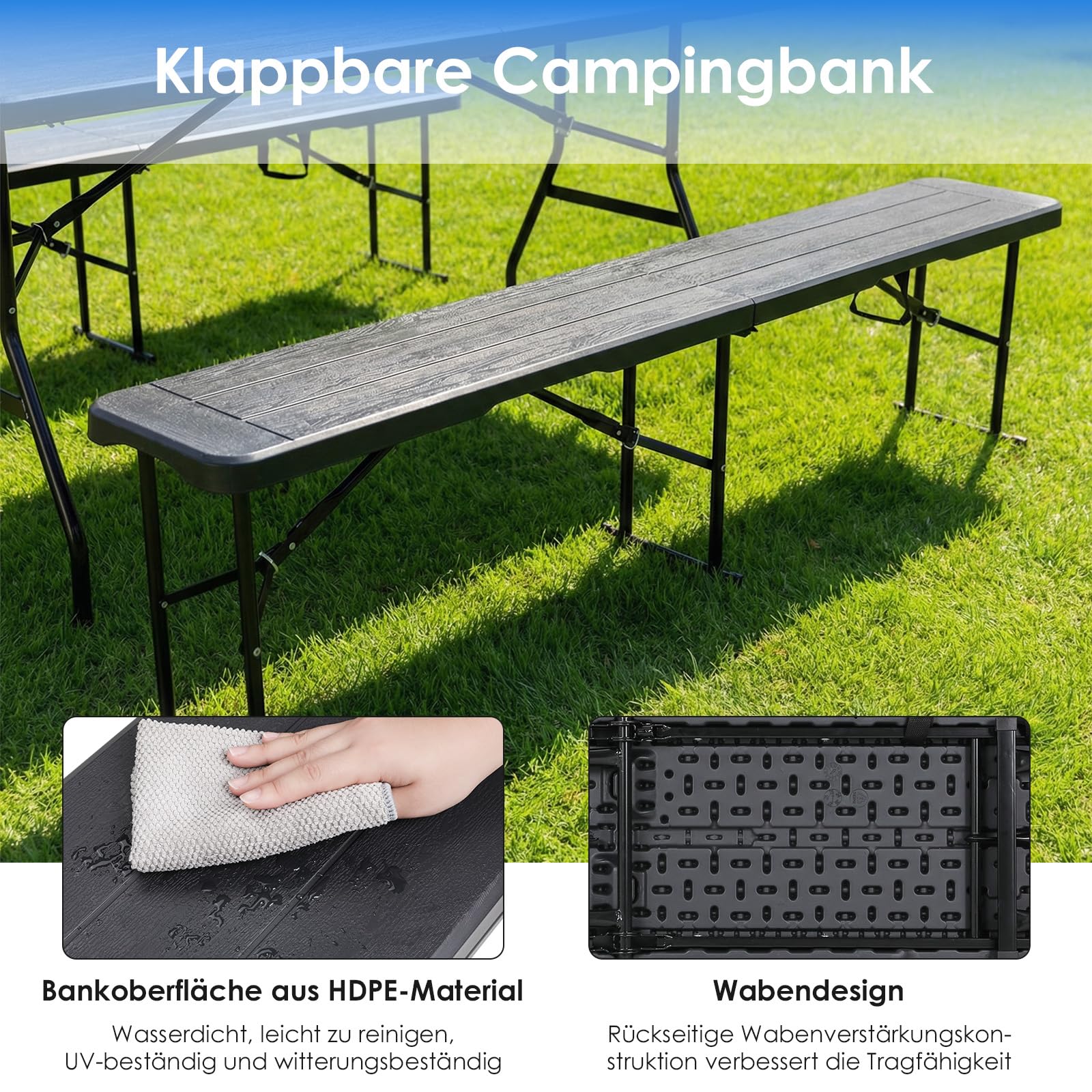 2 pcs Panchine da Birra Pieghevoli 180 cm, Panche Pieghevoli Birreria con maniglia, Panchina da Campeggio in plastica HDPE, Panchina da Giardino per campeggio feste da giardino, Ottica in Legno