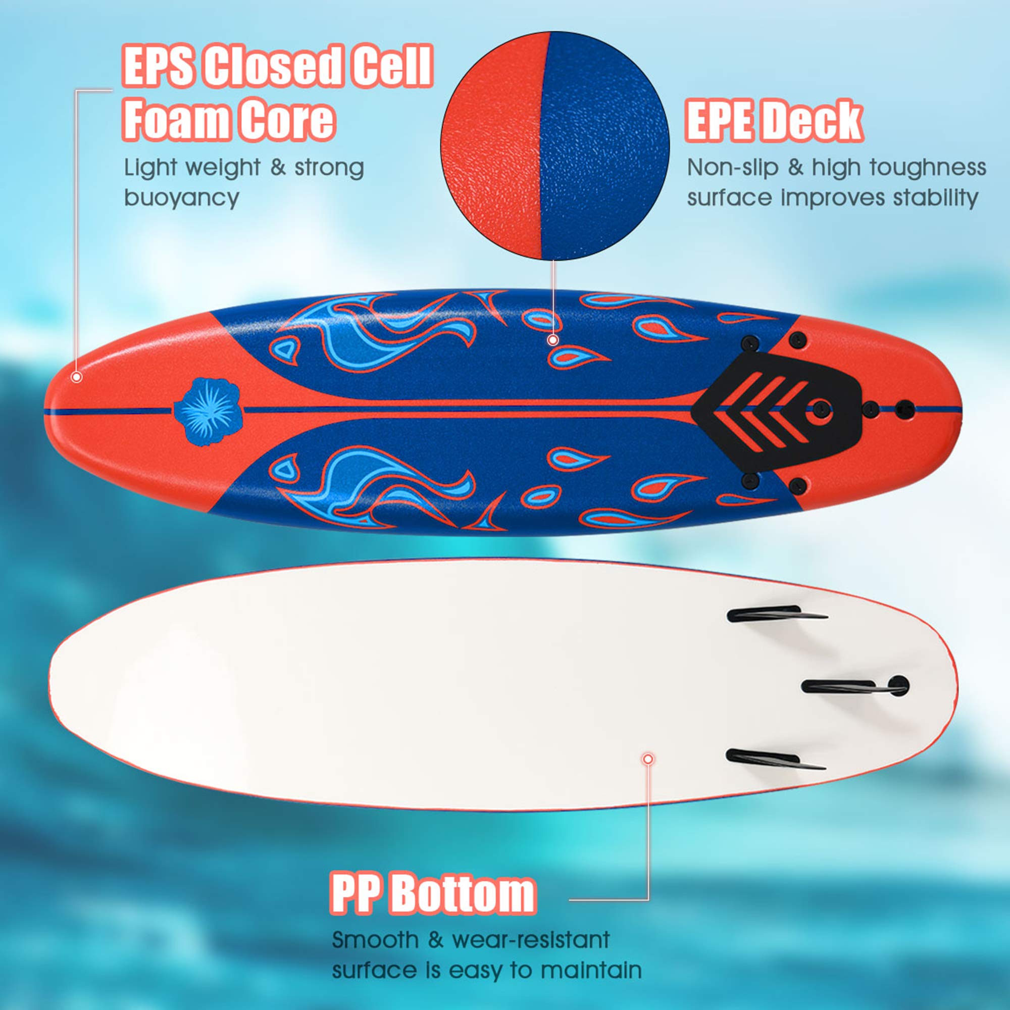 DORTALA Surfboard, 6' Stand Up Long Surfing Board with 3