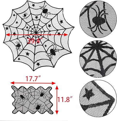 Miniatura 5 de Sunnyglade Juego de 8 manteles de encaje de telaraña de Halloween, bufanda de chimenea y camino de mesa de encaje, cubierta de mesa redonda,