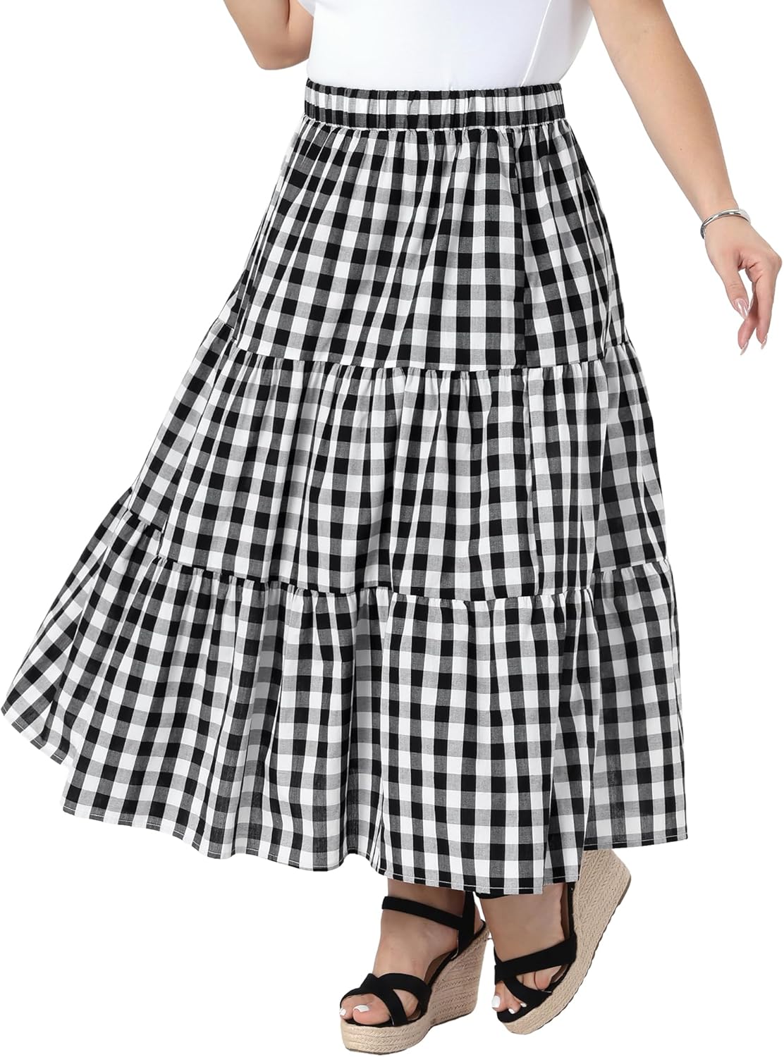 Agnes Orinda Plus Size Gingham Skirts Tiered Layer A Line with Pockets Flowy 1950s Vintage Plaid Maxi Long Skirts - Image 2