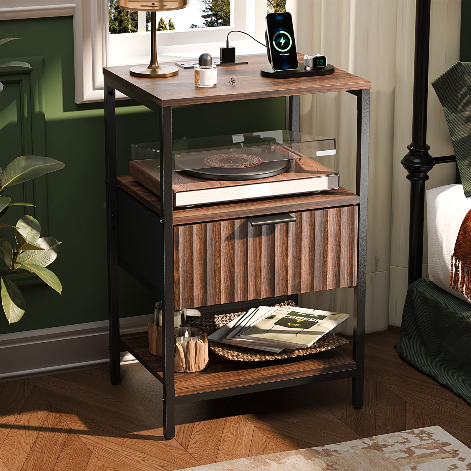 Bonnlo Bedside Table with Charging Station, Grille Nightstand with USB, Type-C and Plug, Small End Tables with 2 Shelve, 1 Fabric Drawers and Cabinet, 38×30×60cm Bedside Cabinet (1pc, Dark Walnut)