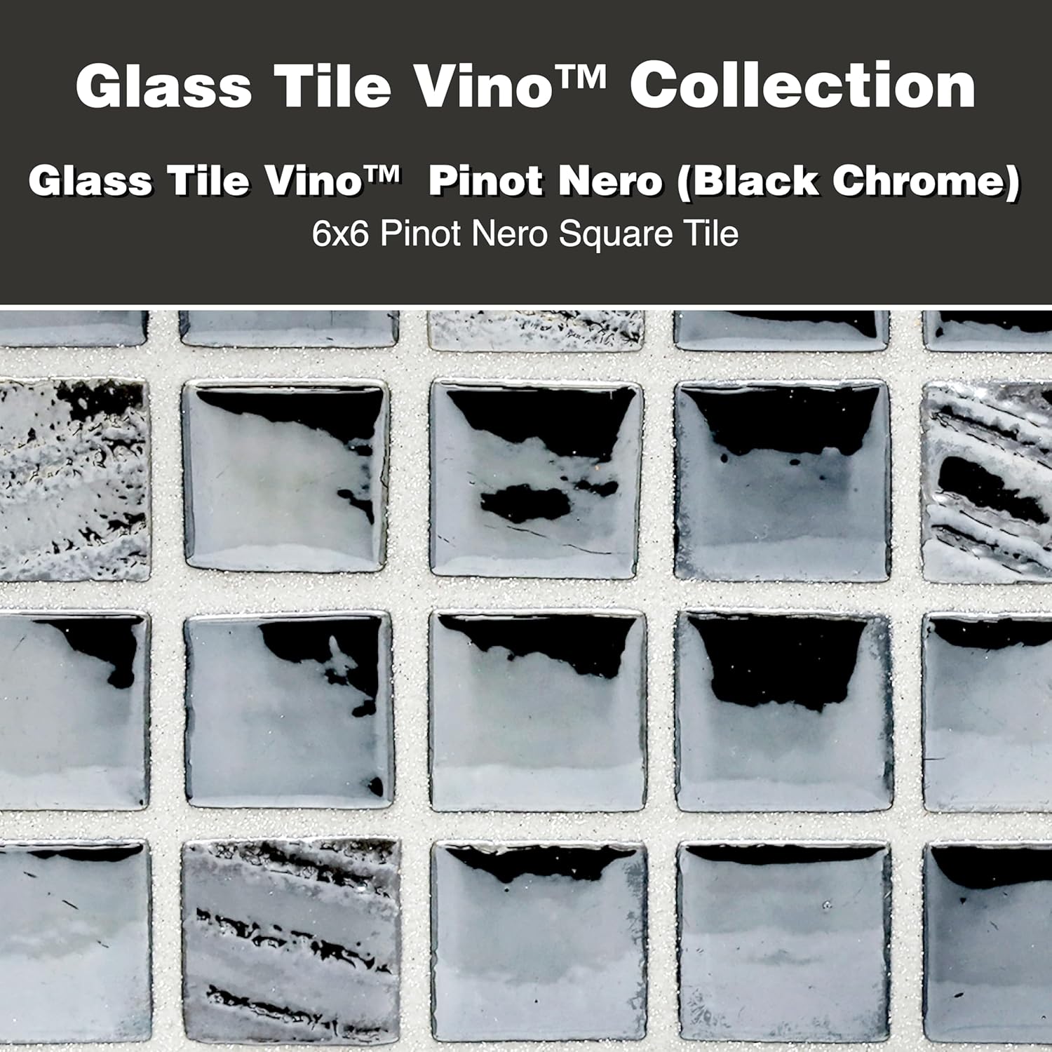 Tile Doctor Glass Tile Vino 6 x 6 in. Sample of Pinot Nero Style (Black Chrome) Square Mosaic Glass Tile Sheet VCHP-PINO-732-SAMPLE, Ideal Kitchen Tile, Backsplash, Bathroom, and Pool