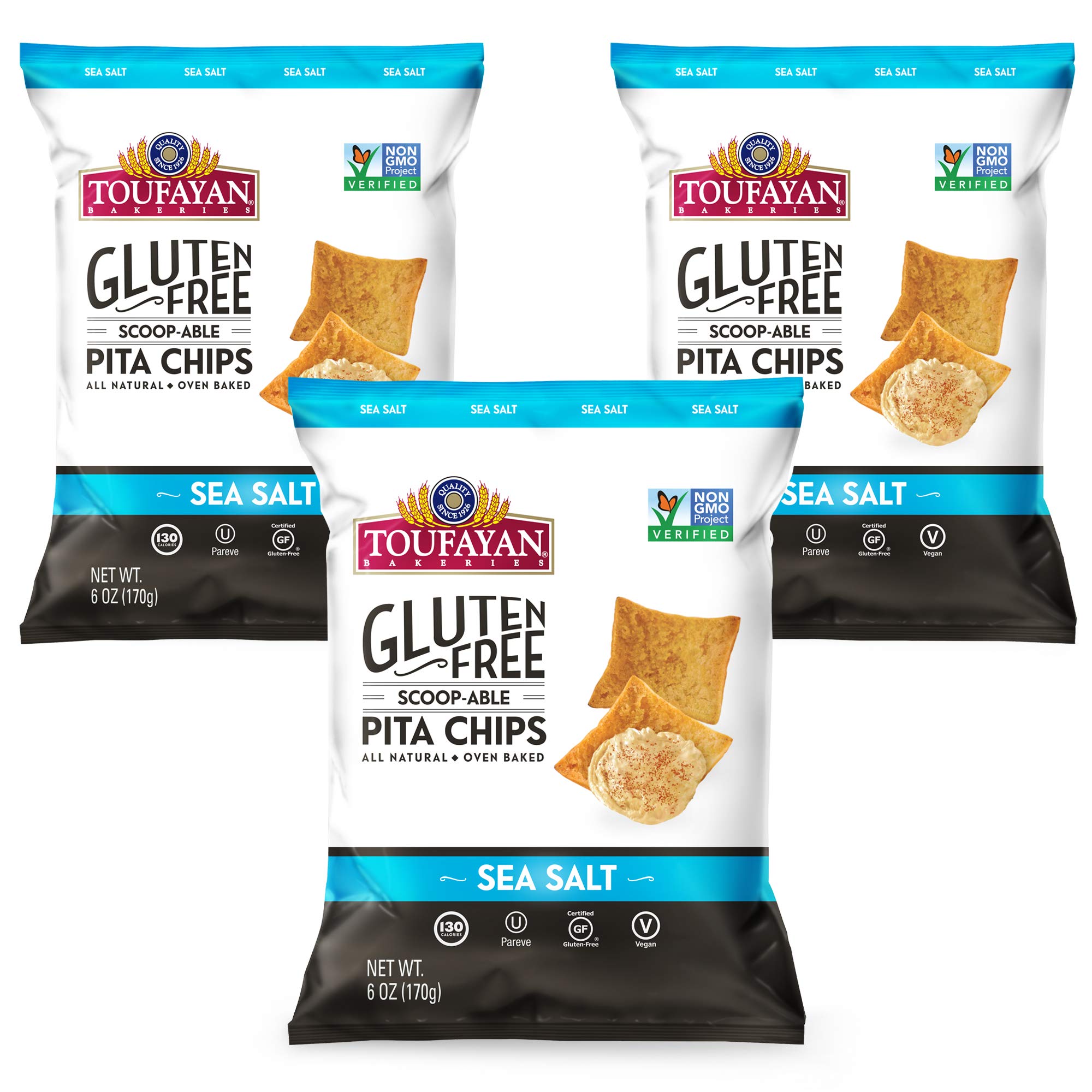 Toufayan Bakeries, Sea Salt Gluten Free Pita Chips, Certified Gluten Free, Vegan, Non-GMO, Oven Baked and All-Natural (6oz Bag, Pack of 3)