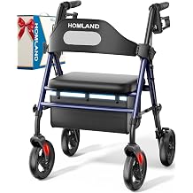 HOMLAND Foldable Rollator Walkers with Seat for Seniors, 8 Big Wheels, 350 lb. Weight Capacity, Adjustable Handles and Seat Height, Lightweight Rolling Walker, Dark Blue