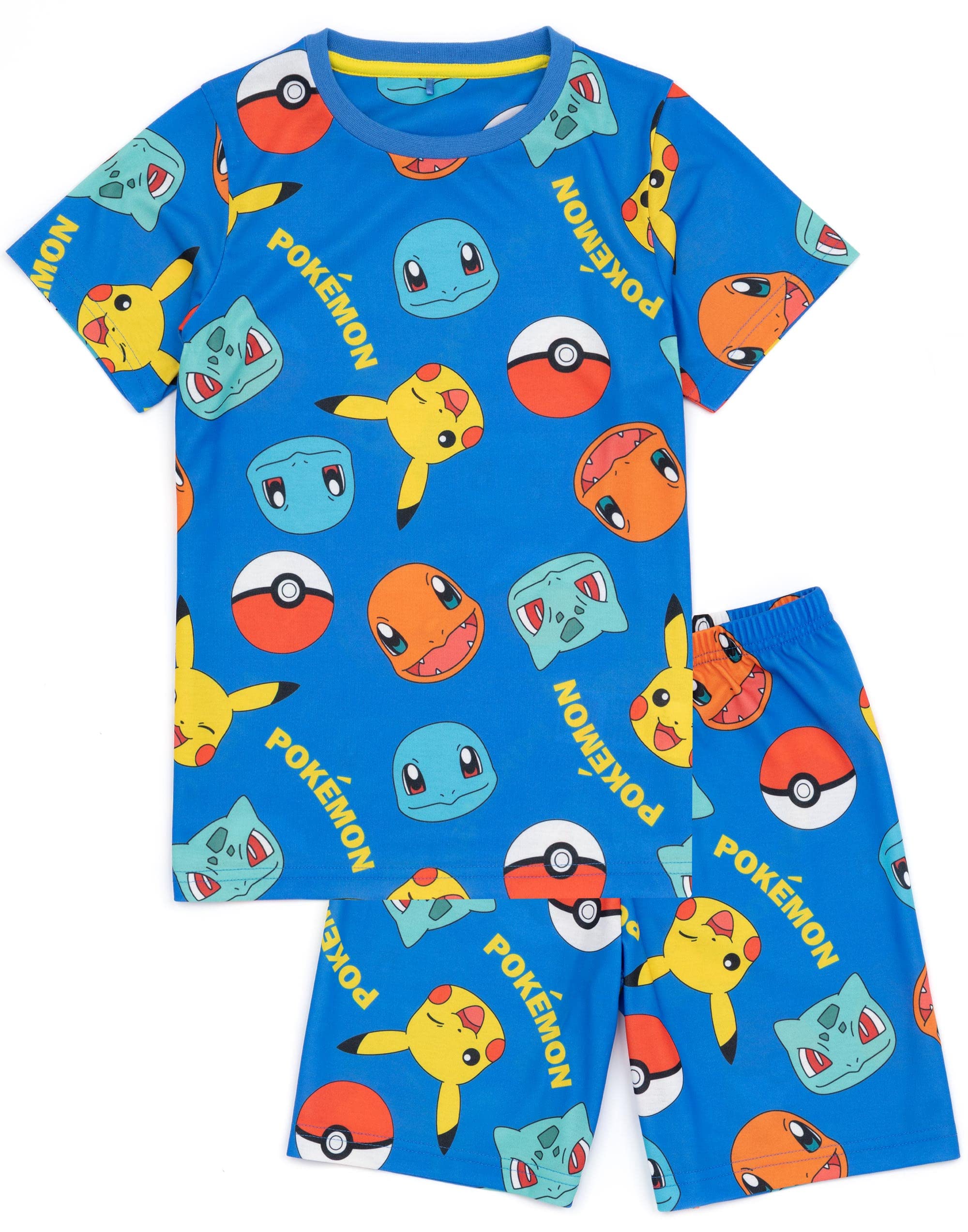 Pokémon Boys 2 Pack Pyjamas | Enfants Jaune Pikachu Bleu Bulbasaur Charmander Squirtle Personnages T-Shirts Shorts Set | Produits dérivés de vêtements de Nuit de Jeu