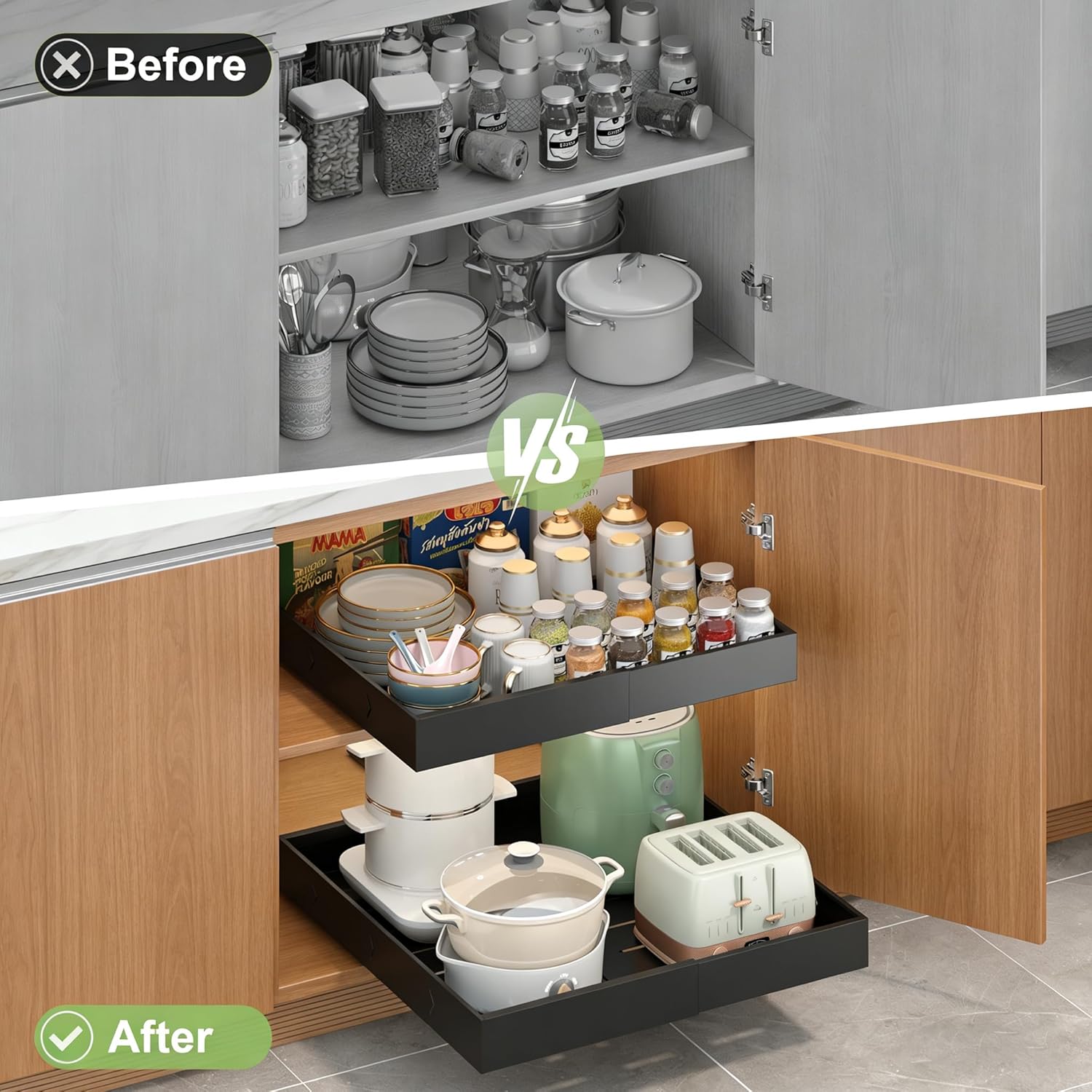 2-Pack-Expandable-Pull-Out-Cabinet-Organizers For Kitchen, Adjustable Slide Out No Drill Adhesive Drawers With Raising Pad For Framed Cabinet, Heavy Duty Sliding Roll Out Shelves Inside Cabinet