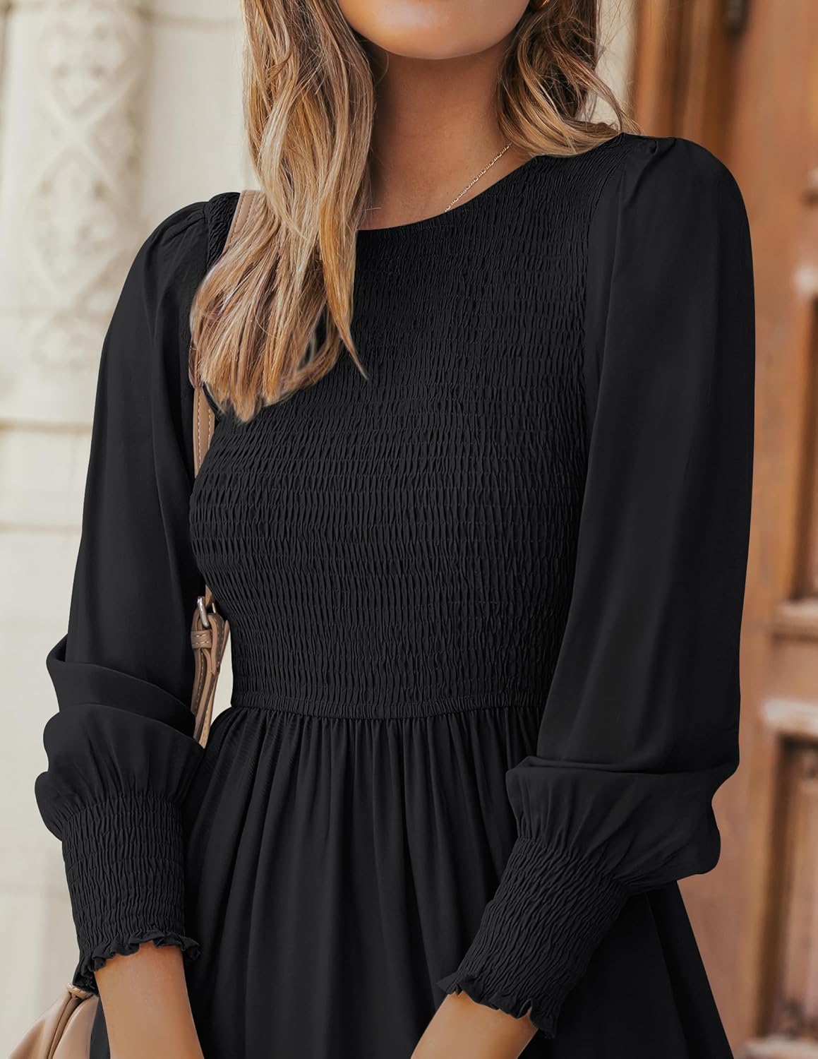 ZESICA Women's Casual Long Sleeve Crew Neck High Waist Smocked Flowy Tiered Midi Dress - Image 5