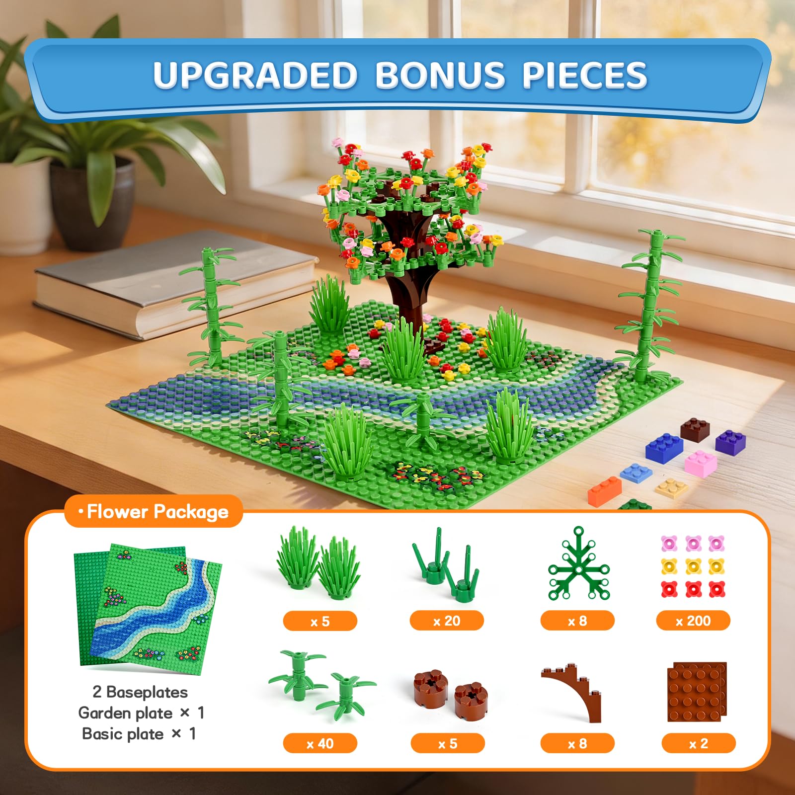 1900 mattoncini da costruzione, blocchi da costruzione con 2 confezioni da 24 x 24 piastre adesive per borchie, 400 fiori e alberi/prateria, blocchi giocattolo creativi compatibili con tutte le