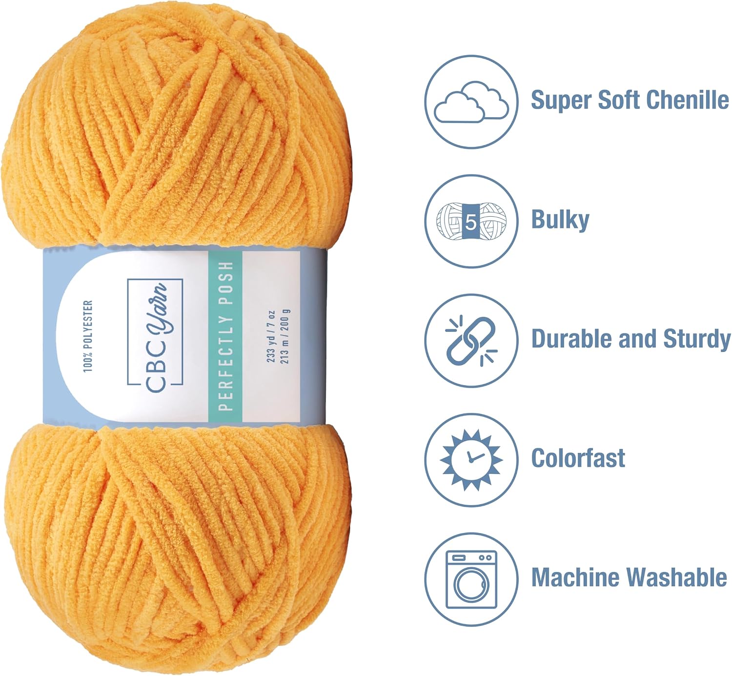 CBC Perfectly Posh Chenille Yarn for Knitting, Crocheting and Amigurumi - 2 Pack (7 oz / 200g, 233 Yards Each Skein), Egg Yolk, Gauge 5 Bulky