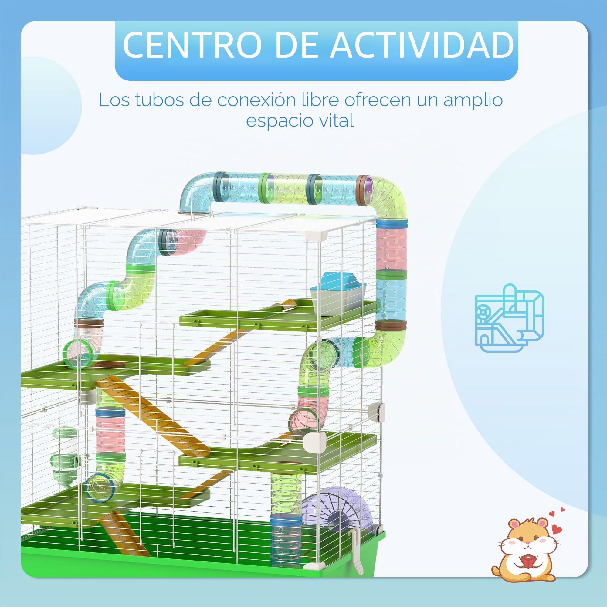 PawHut Jaula Grande para Hámsteres Jaula para Roedores 5 Niveles con Túneles, Bebedero, Rueda, Casita y Escaleras dim. 59L x 36l x 69H cm