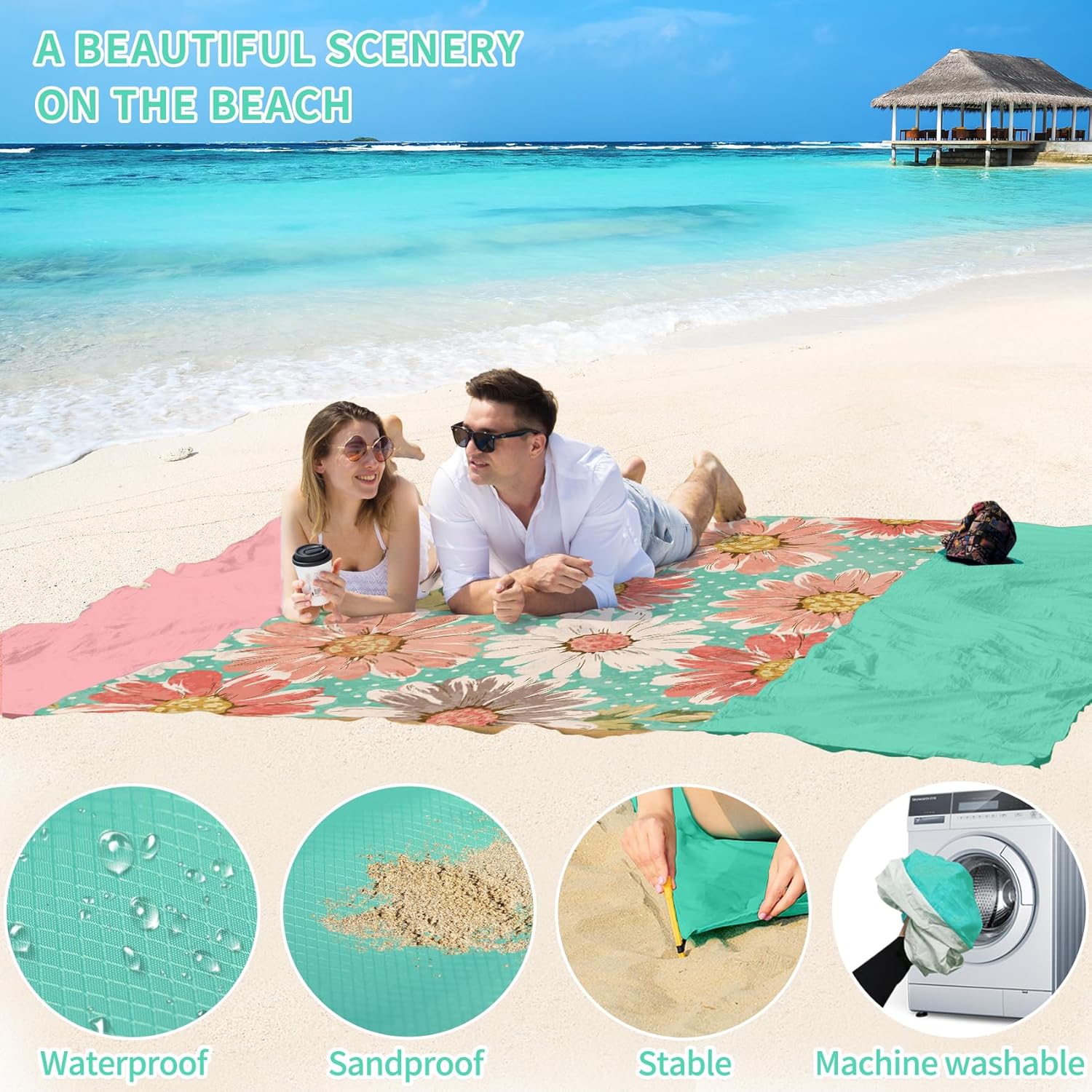 BYDOLL Beach Blanket Waterproof Sandproof 78''×110'' Suits1-7 Adults Compact Lightweight Oversized Sand-Free Blanket Large Picnic Mat for Beach Travel Camping Hiking - Image 4